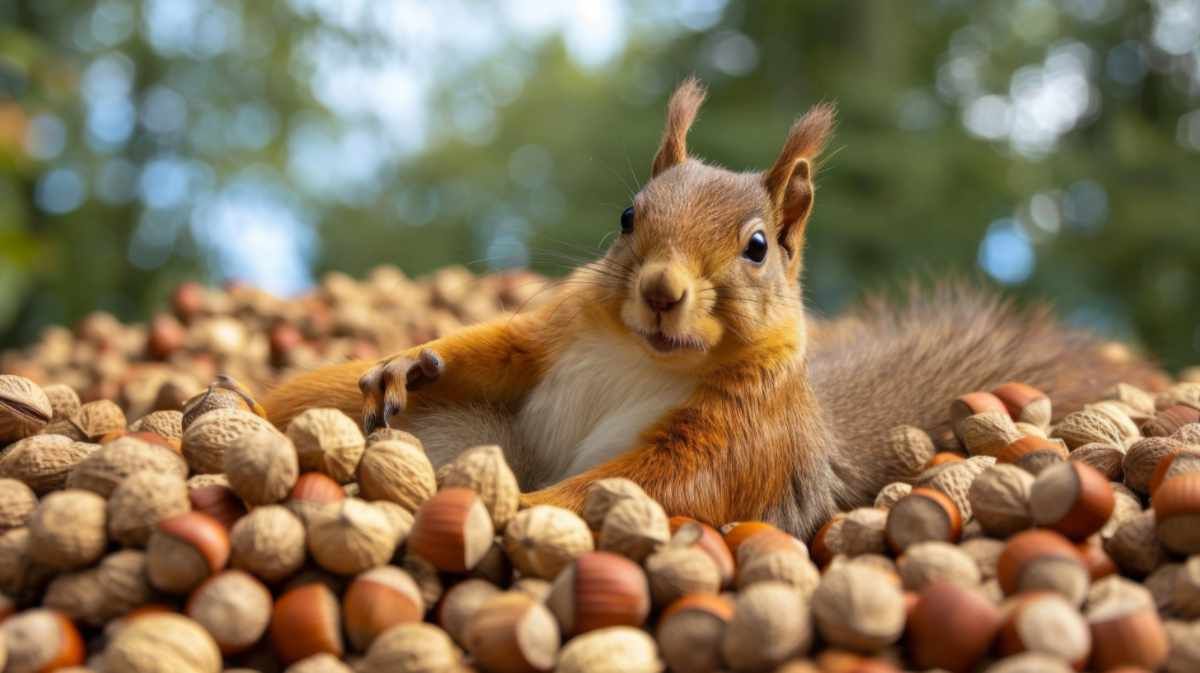 Ein Eichhörnchen sitzt auf einem großen Berg Nüsse.