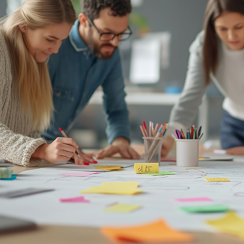 Mehrere Mitarbeitende arbeiten motiviert und fokussiert an einem großen weißen Tisch