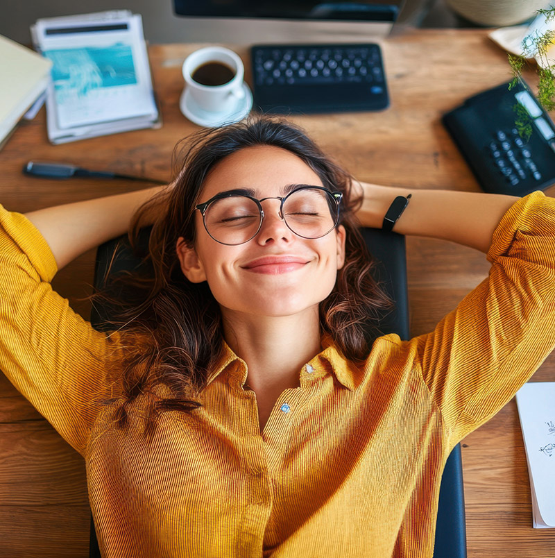 Frau lehnt sich entspannt lächelnd und mit geschlossenen Augen zurück