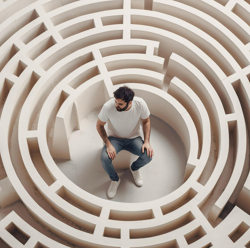 Mann steckt in der Mitte eines Labyrinths fest.