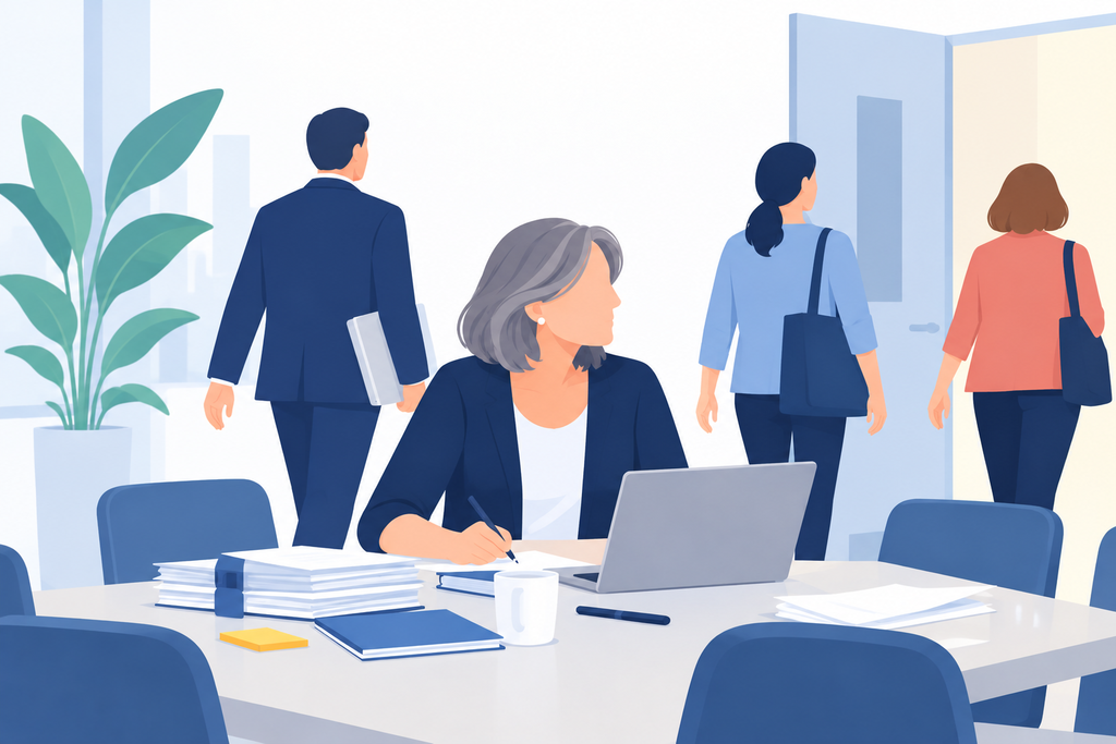 Nach dem Meeting: alle verlassen den Raum, eine Frau bleibt allein mit Laptop, Unterlagen und Notizen am Tisch sitzen