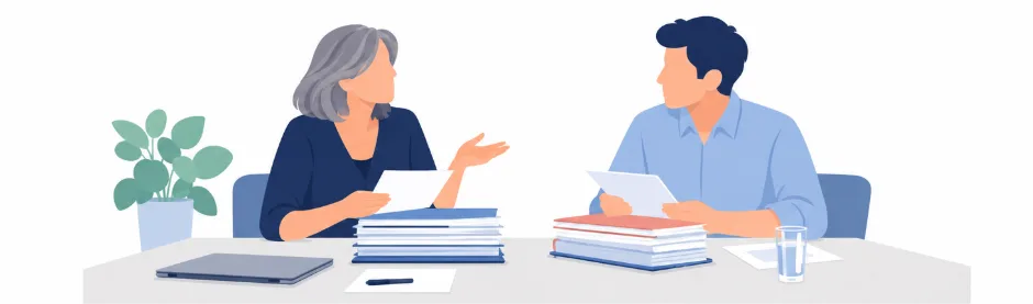 Zwei Menschen teilen am Tisch einen Aktenstapel auf und besprechen, wer welchen Teil übernimmt