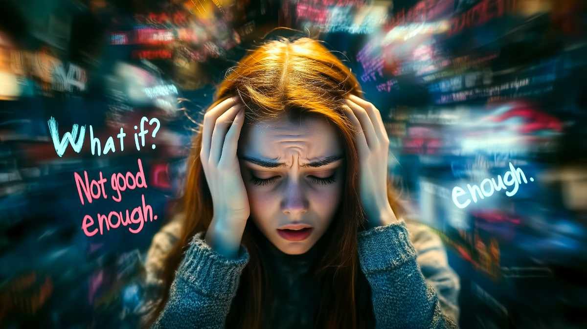 Perfektionismus & Versagensangst: Symbolbild. Frau hält sich gestresst den Kopf.